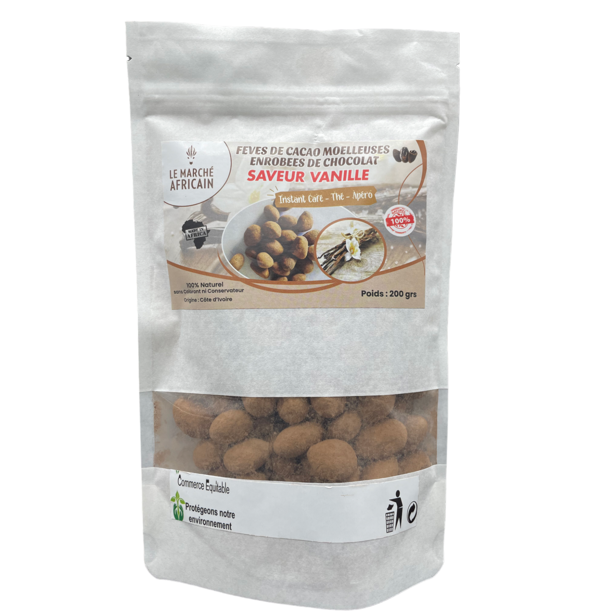 Fèves de cacao saveur vanille  <strong> 200 g</strong>